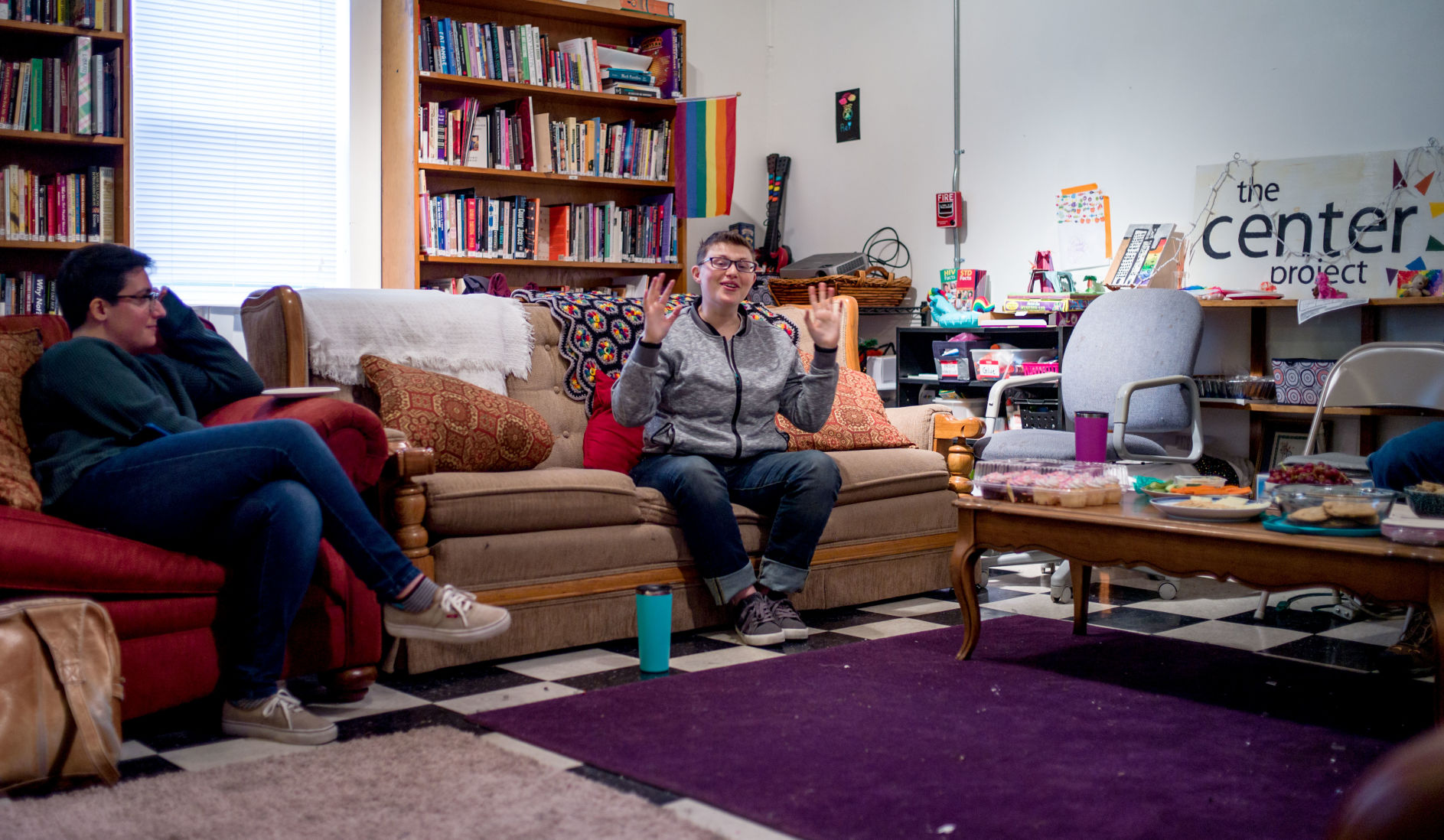 Melina Constantine, left, and Amanda Loucks speak